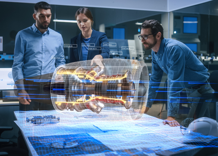 Drei Ingenieure planen an einem computeranimierten Modell
